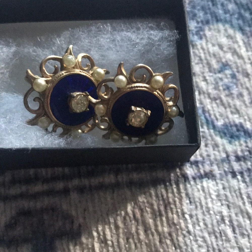 Vintage gold, blue, and pearl screw back earrings